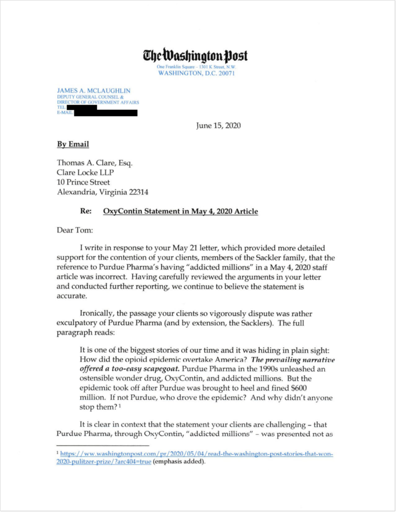 June 15, 2020 Washington Post Letter Defending its Inquiry